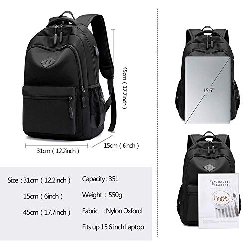 Large Black Waterproof Oxford Rucksack Business College Travel Laptop Backpacks with USB Charging Port Casual Daypack