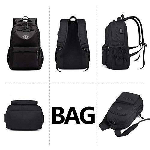 Large Black Waterproof Oxford Rucksack Business College Travel Laptop Backpacks with USB Charging Port Casual Daypack