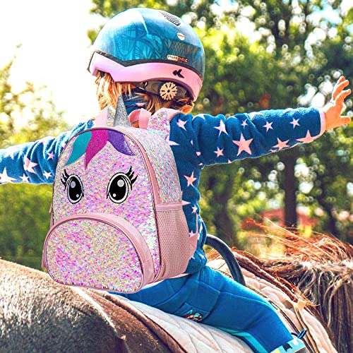 gxtvo 3PCS Unicorn Backpack for Girls, Toddler Sequin Preschool Bookbag, 12.5" Cute Cartoon Animal Schoolbag