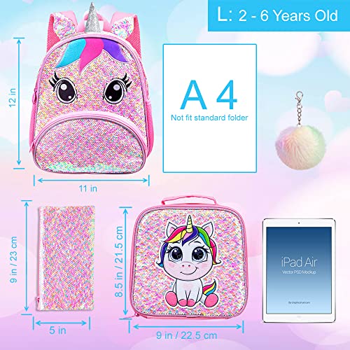 gxtvo 3PCS Unicorn Backpack for Girls, Toddler Sequin Preschool Bookbag, 12.5" Cute Cartoon Animal Schoolbag