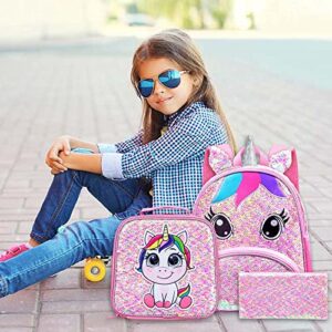 gxtvo 3PCS Unicorn Backpack for Girls, Toddler Sequin Preschool Bookbag, 12.5" Cute Cartoon Animal Schoolbag