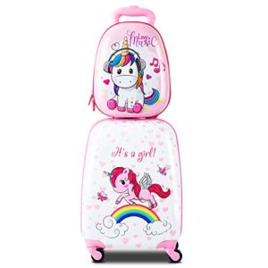 honey joy 2 pcs kids carry on luggage, 12" school backpack & 17" rolling suitcase, waterproof hard shell travel case with spinner wheels, gift for boys girls overnight travel, pink unicorn