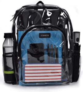 masirs heavy duty clear backpack, stadium approved transparent design, quick access at security checkpoints, adjustable shoulder straps, dual zippered compartments & mesh side pockets, (16"h x 11"w)