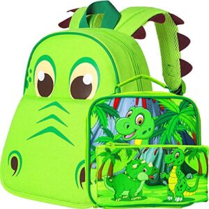 3pcs toddler backpack and lunch box for boys, 12" dinosaur preschool kids bookbag, cute animal kindergarten schoolbag