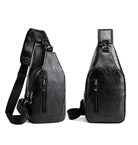 D.LerBung Men's Sling Bag Leather Chest Shoulder Backpack Water Resistant Anti Theft Crossbody Bag with USB Charge Port Black