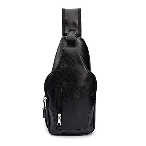 D.LerBung Men's Sling Bag Leather Chest Shoulder Backpack Water Resistant Anti Theft Crossbody Bag with USB Charge Port Black