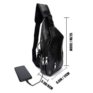 D.LerBung Men's Sling Bag Leather Chest Shoulder Backpack Water Resistant Anti Theft Crossbody Bag with USB Charge Port Black