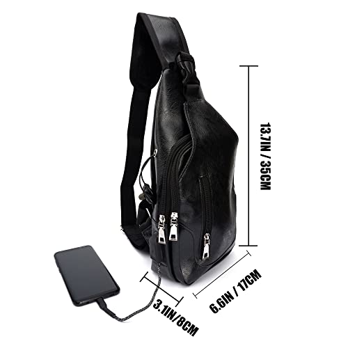 D.LerBung Men's Sling Bag Leather Chest Shoulder Backpack Water Resistant Anti Theft Crossbody Bag with USB Charge Port Black