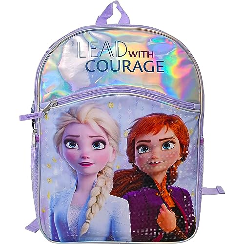 Disney Frozen 2 Lead With Courage Backpack - 16” Full Size Toddler, Child, Kid School Book Bag - Anna and Elsa Foil Panel Backpack