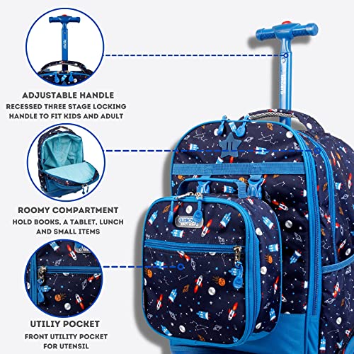 J World New York Unisex Kid's Duo Rolling Backpack with Lunch Box Set, Spaceship, One Size