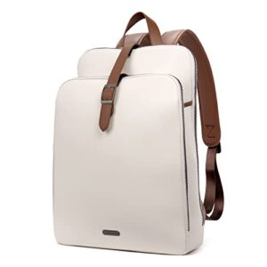 cluci genuine leather 15.6 inch laptop backpack purse for women large travel vintage shoulder bags beige with brown