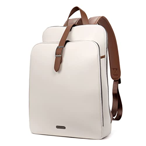 CLUCI Genuine Leather 15.6 Inch Laptop Backpack Purse for Women Large Travel Vintage Shoulder Bags Beige with Brown