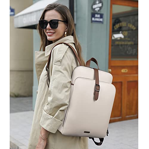 CLUCI Genuine Leather 15.6 Inch Laptop Backpack Purse for Women Large Travel Vintage Shoulder Bags Beige with Brown