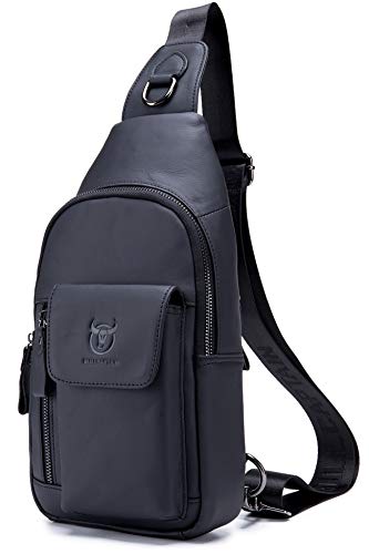 BULLCAPTAIN Genuine Leather Men Sling Bag Travel Crossbody Chest Bag Large Capacity Casual Hiking Daypack (Black)