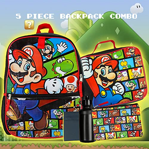 Nintendo Backpack Super Mario 5 PC Shimmer Character 16" Lunch Box Combo Set