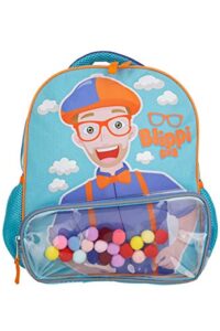 blippi backpack with sound for boys and girls, clear front pocket and mesh side pockets, toddler’s schoolbag with padded back and adjustable straps, versatile day pack for kids, blue and orange