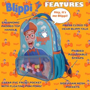 Blippi Backpack with Sound for Boys and Girls, Clear Front Pocket and Mesh Side Pockets, Toddler’s Schoolbag with Padded Back and Adjustable Straps, Versatile Day Pack for Kids, Blue and Orange