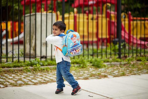 Blippi Backpack with Sound for Boys and Girls, Clear Front Pocket and Mesh Side Pockets, Toddler’s Schoolbag with Padded Back and Adjustable Straps, Versatile Day Pack for Kids, Blue and Orange