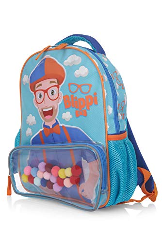 Blippi Backpack with Sound for Boys and Girls, Clear Front Pocket and Mesh Side Pockets, Toddler’s Schoolbag with Padded Back and Adjustable Straps, Versatile Day Pack for Kids, Blue and Orange