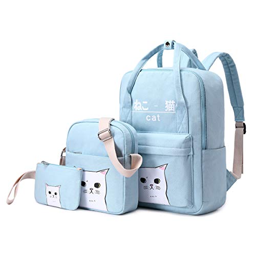 e-youth 3Pcs Japanese And Korean Style Bags Kawaii Cat Canvas School Backpack Shoulder Bag Purse Pen case (Blue)
