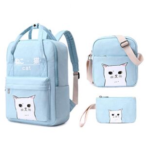 e-youth 3Pcs Japanese And Korean Style Bags Kawaii Cat Canvas School Backpack Shoulder Bag Purse Pen case (Blue)