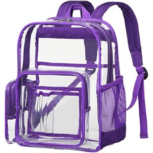 ispecle clear backpack, large clear backpack with laptop compartment, clear bookbags with reinforced padded straps, transparent bag for college, work, security, dark purple