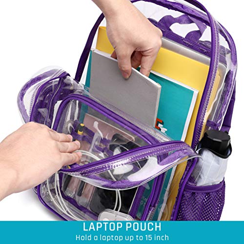 iSPECLE Clear Backpack, Large Clear Backpack with Laptop Compartment, Clear Bookbags with Reinforced Padded Straps, Transparent Bag for College, Work, Security, Dark Purple