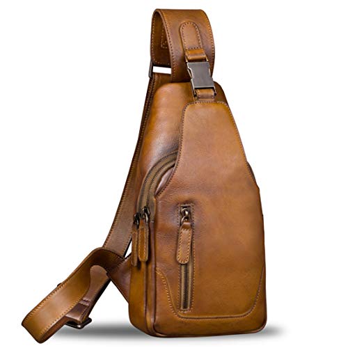 Genuine Leather Sling Bag for Men Chest Shoulder Crossbody Hiking Backpack Vintage Handmade Daypack (Brown)