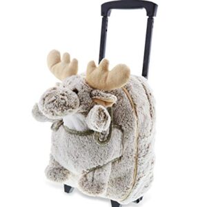 DolliBu Moose Plush Trolley & Purse Set - 3-in-1 Kids Trolley, Backpack, & Brown Moose Purse, Soft Plush Backpack on Wheels, Rolling Bag with Removable Plush Toy Purse - 15"