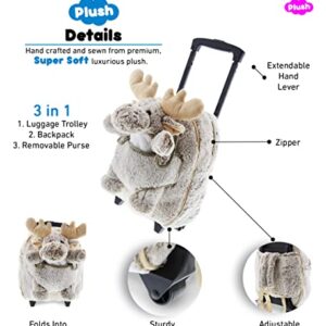 DolliBu Moose Plush Trolley & Purse Set - 3-in-1 Kids Trolley, Backpack, & Brown Moose Purse, Soft Plush Backpack on Wheels, Rolling Bag with Removable Plush Toy Purse - 15"