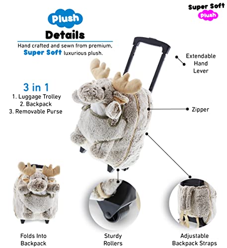 DolliBu Moose Plush Trolley & Purse Set - 3-in-1 Kids Trolley, Backpack, & Brown Moose Purse, Soft Plush Backpack on Wheels, Rolling Bag with Removable Plush Toy Purse - 15"