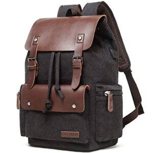 lacattura vintage leather backpack for men and women, denim canvas college travel laptop rucksack vegan daypack - black