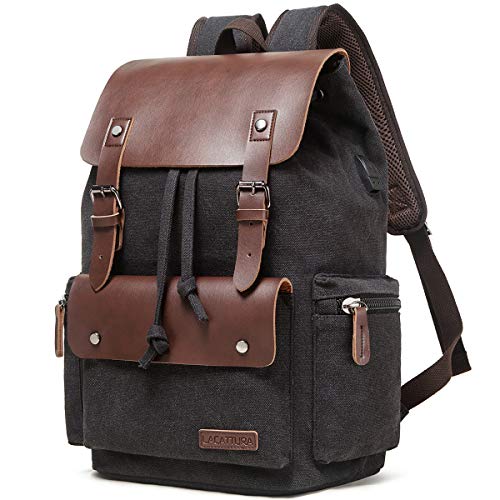 LACATTURA Vintage Leather Backpack for Men and Women, Denim Canvas College Travel Laptop Rucksack Vegan Daypack - Black