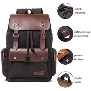 LACATTURA Vintage Leather Backpack for Men and Women, Denim Canvas College Travel Laptop Rucksack Vegan Daypack - Black