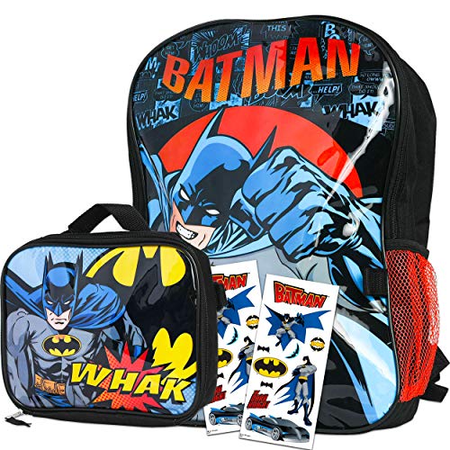 Batman Backpack and Lunch Box Bundle Set ~ Deluxe 16" Batman Backpack for Boys Kids with Insulated Lunch Bag and Stickers (Batman School Supplies)