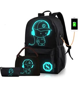 lmeison boys backpack for school, anime cartoon luminous backpack with lunch box pencil case, waterproof school bookbag for teen girls, laptop backpack for middle school high school, college, black