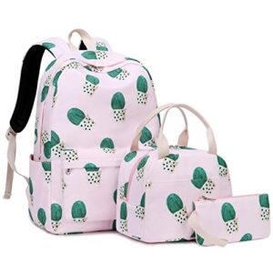 school backpack set 3 pieces lightweight teen girls bookbags insulated lunch bag pencil case (cactus)