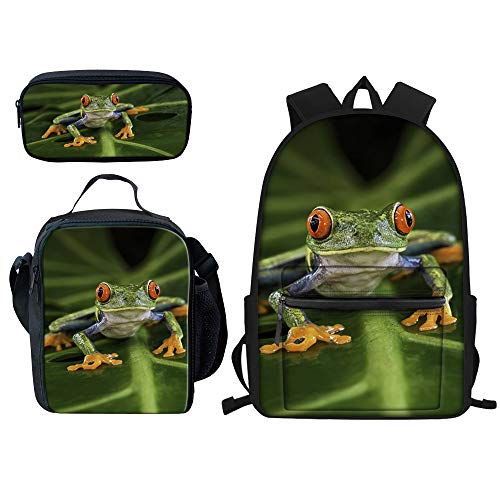 Beauty Collector Frog School Bags Large Backpacks Set for Girls Personalized Book Bag with Lunch Bag and Pencil Case for Boys