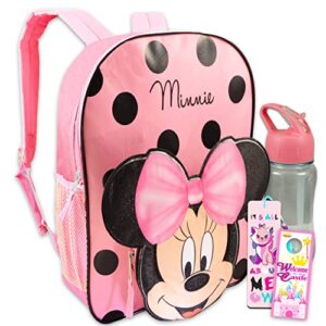 disney minnie mouse backpack for toddlers ~ 12" minnie mouse school bag with 3d ears and bow with bookmark (minnie mouse school supplies bundle)