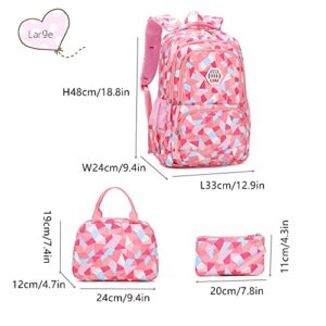 MITOWERMI 3Pcs Backpack for Girls Boys Kids Backpack with Lunch Box Pencil Case Water-resistant Lightweight Geometric-prints Bookbag for Elementary Middle School