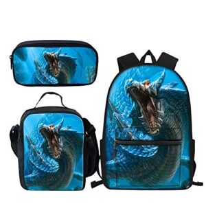 dellukee kids school backpack with lunch bag pencil bags set elementary boys girls durable book bag daypack dragon print