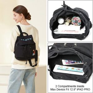 Canvas Backpack Purse for Women Men, Fashion Embroidery Casual Backpack Casual Travel Rucksack (Black)