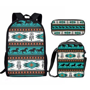 pzz beach native southwest aztec tribal horse turquiose navajo print backpack+ thermal lunch bag+ pencil case 3 pcs set for kid girls boys