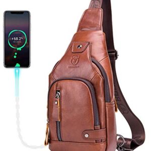 BULLCAPTAIN Genuine Leather Mens Sling Bag Multipurpose Travel Crossbody Chest Bag Daypacks with USB Charging Port (Brown)