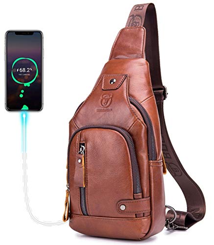 BULLCAPTAIN Genuine Leather Mens Sling Bag Multipurpose Travel Crossbody Chest Bag Daypacks with USB Charging Port (Brown)