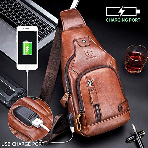 BULLCAPTAIN Genuine Leather Mens Sling Bag Multipurpose Travel Crossbody Chest Bag Daypacks with USB Charging Port (Brown)