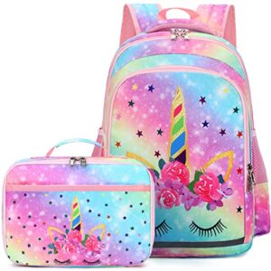 camtop backpack for kids girls school backpack with lunch box preschool kindergarten bookbag set (y0058-2 unicorn-rainbow)
