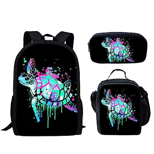 Forchrinse Bling Neon Sea Turtle Backpack Personalized Lunch Box Zipper Pencil Box for Boys Girls 3 Pieces Backpack