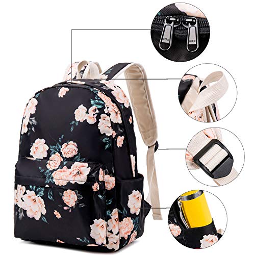 Goodking Floral Canvas Backpack for Women Teen Girls School Rucksack College Bookbag Lady Travel Backpack 14Inch Laptop Bag