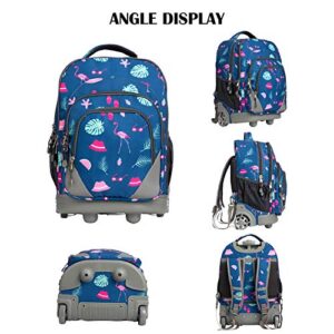 WEISHENGDA 18 inches Wheeled Rolling Backpack Multi-Compartment College Books Laptop Bag, Flamingos.